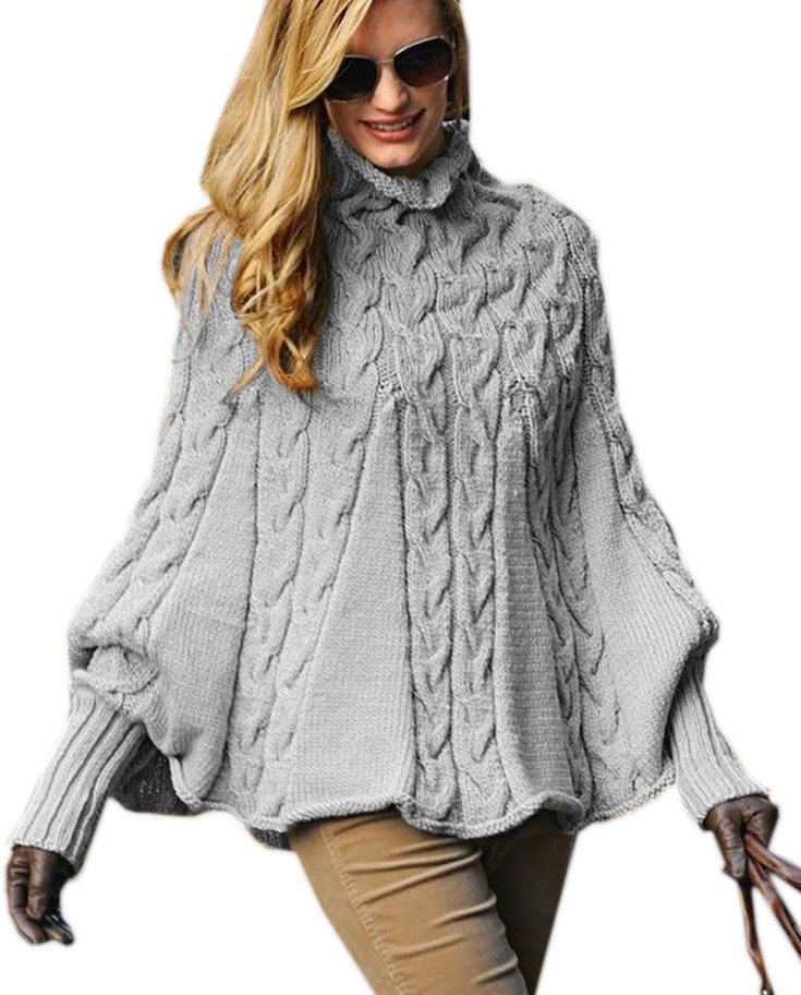 Womens Elegant Spring-Poncho Turtleneck Sweater Batwing Sleeve Oversize ...