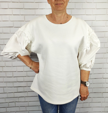 Cocomore Bluza dresowa biała damska z wstawkami materiału dekoracyjnego długi rękaw z bufkami