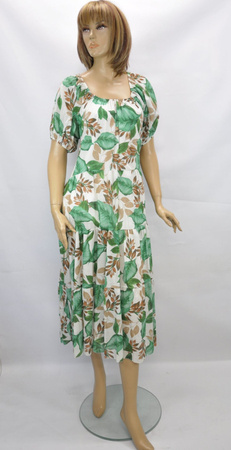 Import włoska długa sukienka letnia hiszpanka gumka w rękawie i dekolcie wzór w liście