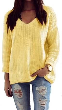 Mikos luźny sweter damski w serek V 627 żółty