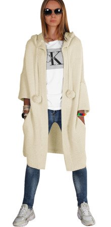 Mikos płaszcz dzianinowy długi luźny sweter kardigan z kieszeniami damski z długim rękawem z pomponami i kapturem 693 beż