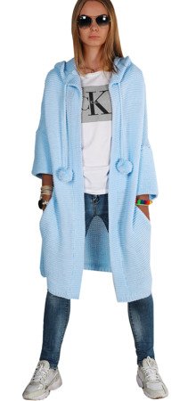 Mikos płaszcz dzianinowy długi luźny sweter kardigan z kieszeniami damski z długim rękawem z pomponami i kapturem 693 niebieski